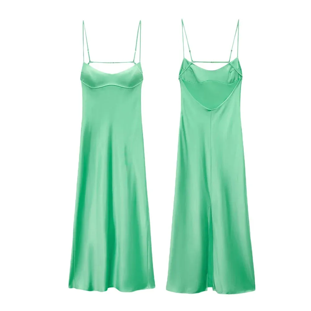 2024 Women Solid Color Silky Satin Slip Summer Casual Sleeveless Maxi Dress