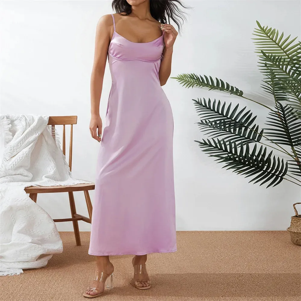 2024 Women Solid Color Silky Satin Slip Summer Casual Sleeveless Maxi Dress