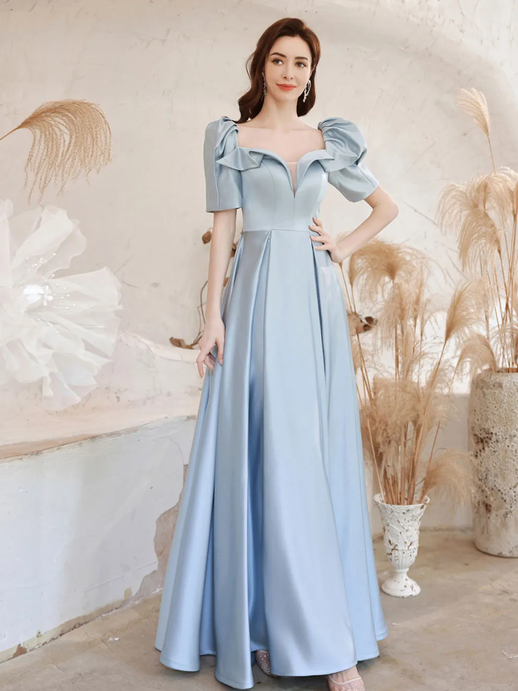 A-Line Square Neckline Satin Blue Long Prom Dress, Blue Evening Dresses