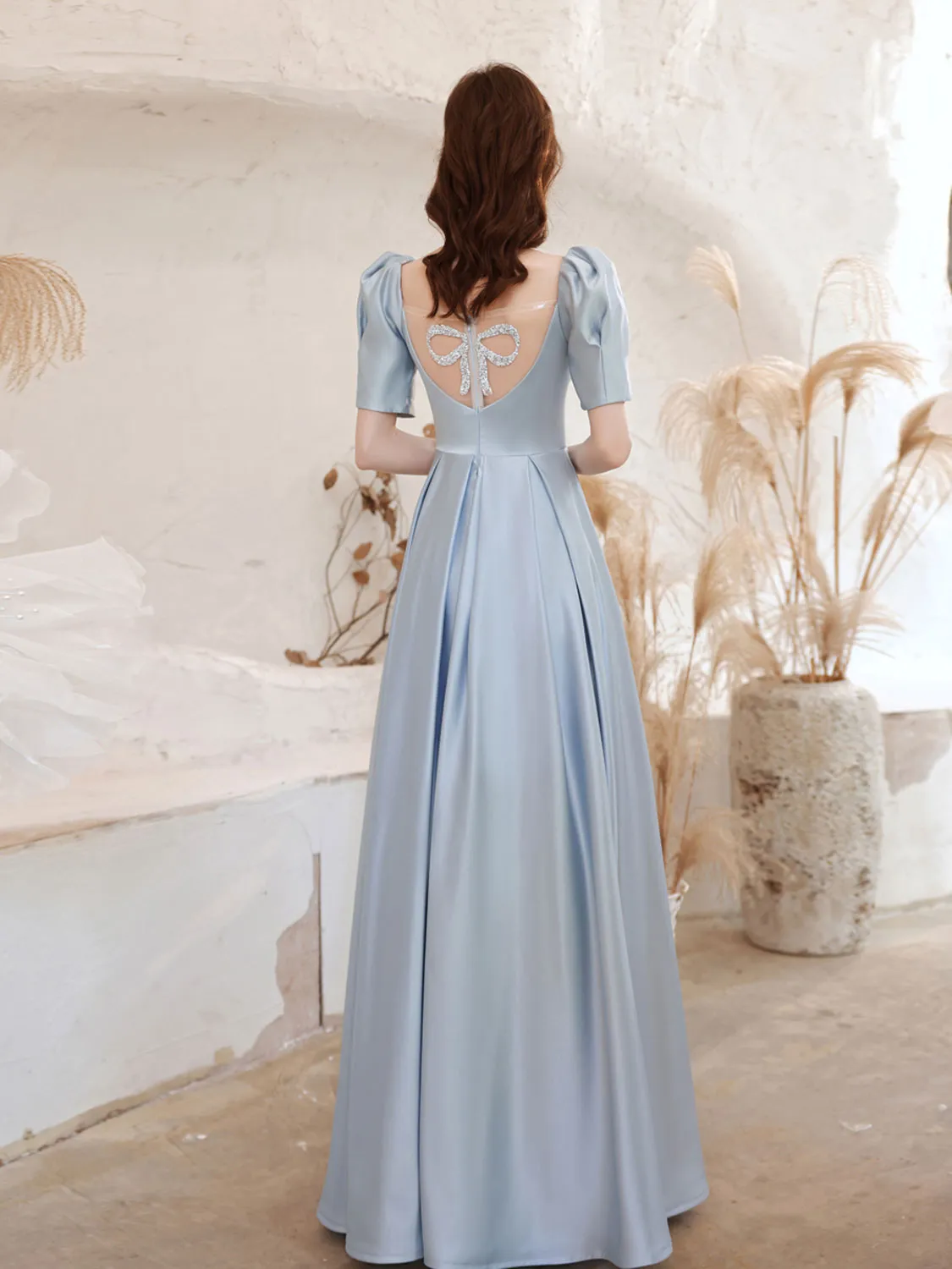 A-Line Square Neckline Satin Blue Long Prom Dress, Blue Evening Dresses