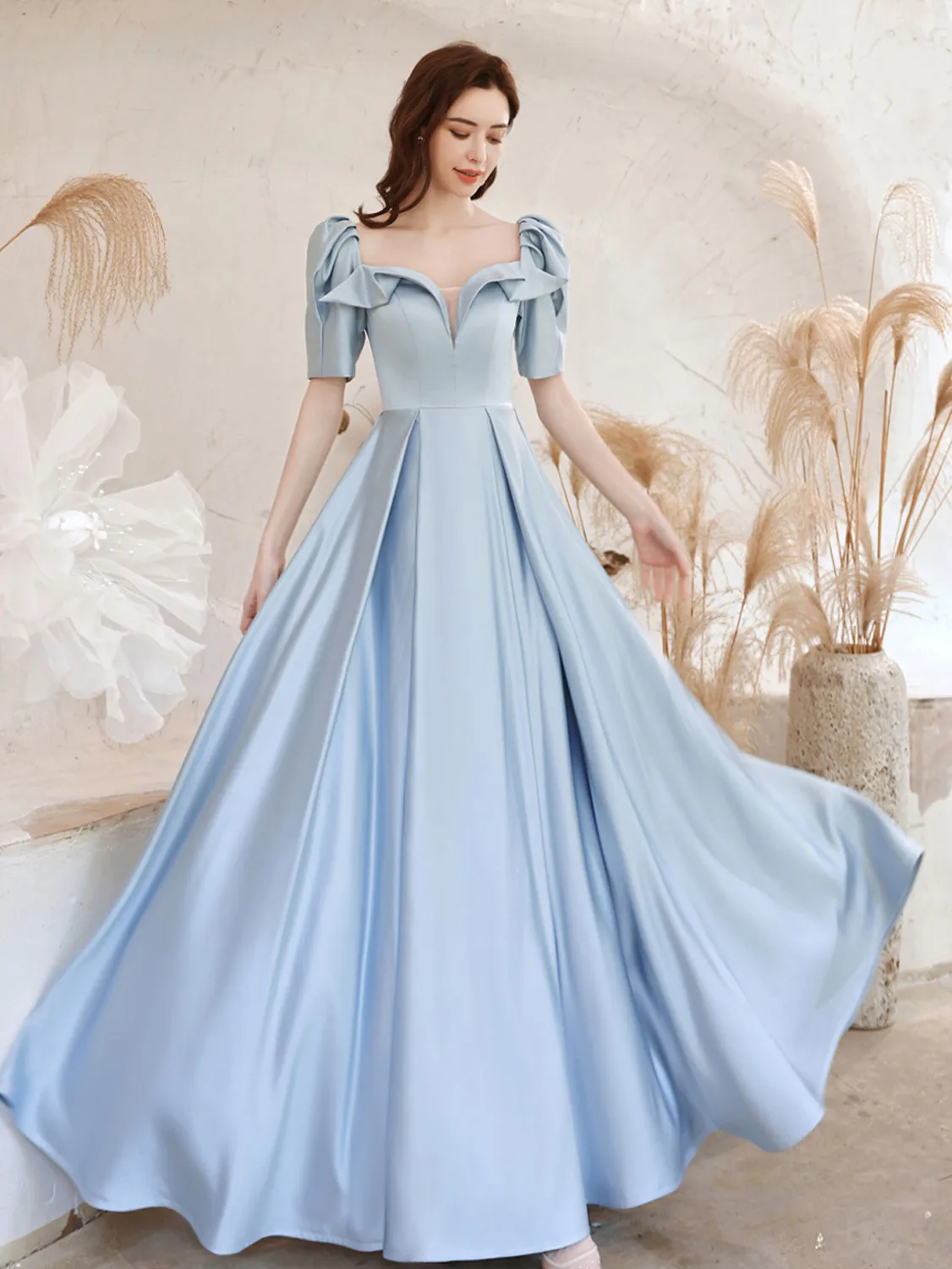 A-Line Square Neckline Satin Blue Long Prom Dress, Blue Evening Dresses