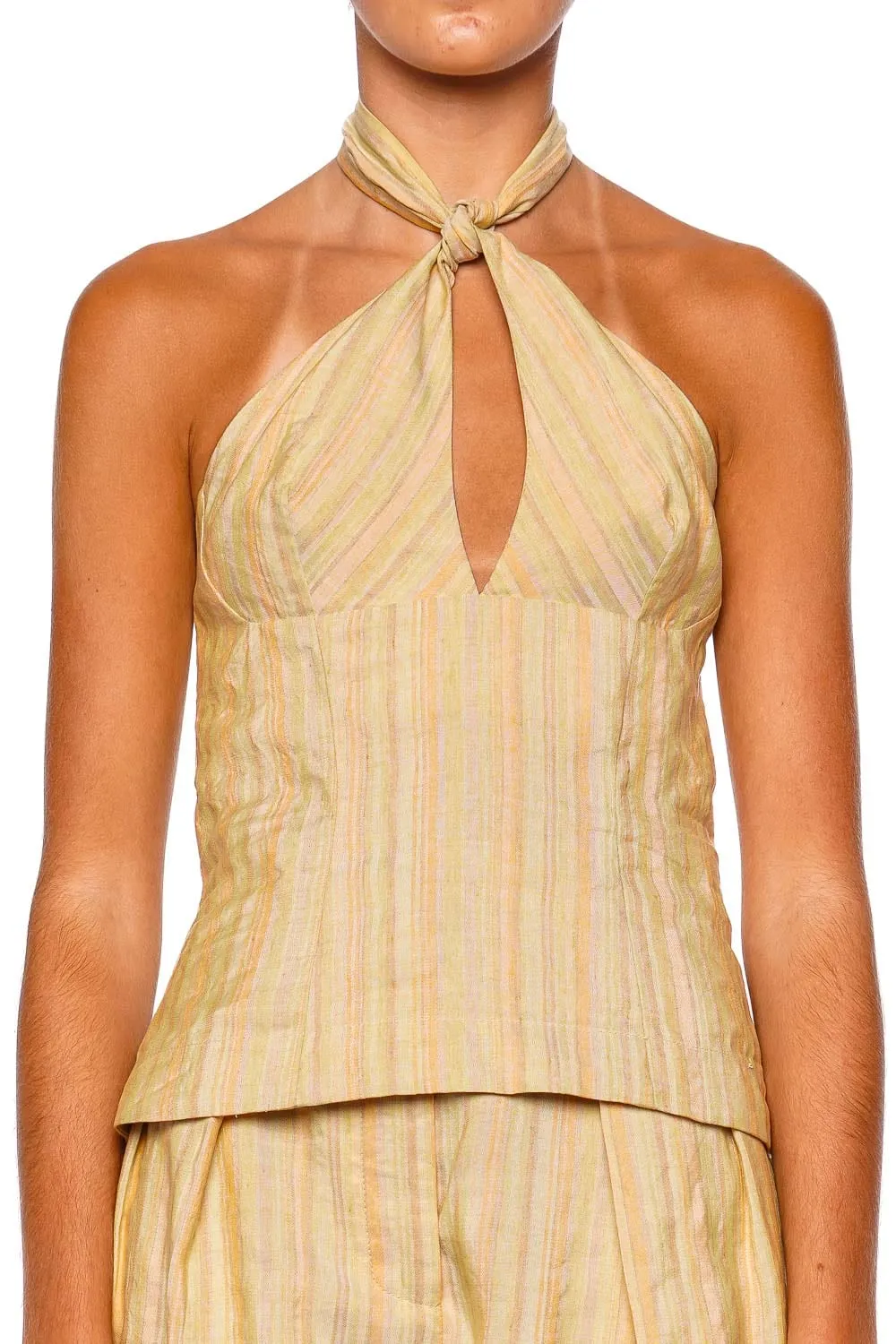 Avocado Stripe Knotted Halter Top