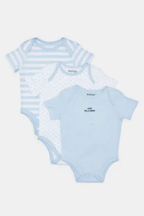 Babies White And Blue Printed Bodysuit Set (Pack Of 3)