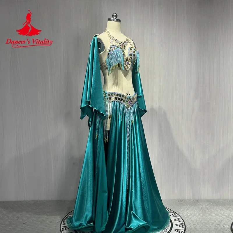 Belly Dance Costume Suit Customized Diamond Tassels Bra Satin Long Skirt Hand Sleeves 3ps Oriental Dance Performance Costumes