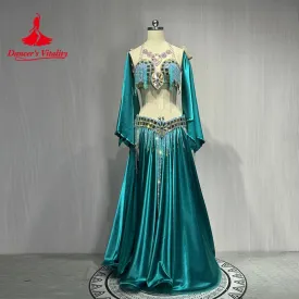 Belly Dance Costume Suit Customized Diamond Tassels Bra Satin Long Skirt Hand Sleeves 3ps Oriental Dance Performance Costumes