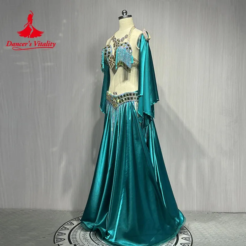 Belly Dance Costume Suit Customized Diamond Tassels Bra Satin Long Skirt Hand Sleeves 3ps Oriental Dance Performance Costumes