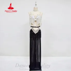 Belly Dancing Set Customized Luxury Rhinestone Tassel Bra Sexy Split Split Long Skirt 2pcs Oriental Dance Performance Clothing