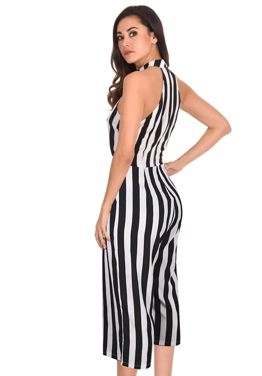 Black and White Stripped Cut in Neck Jumpsuit