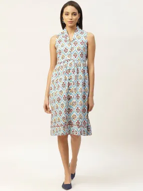 Blue Floral Shawl Collar Front Open Dress