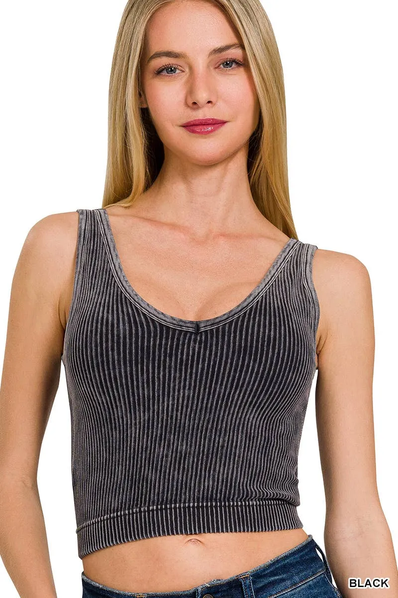 Bone Gray Washed Rib Crop V Neck Tank W/ Removable Bra