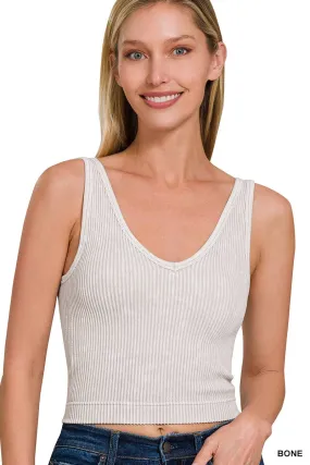 Bone Gray Washed Rib Crop V Neck Tank W/ Removable Bra