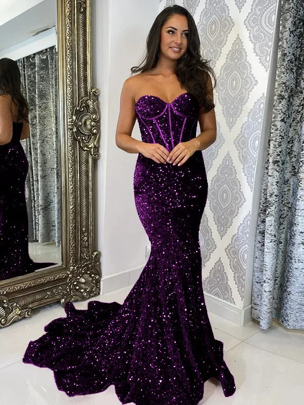 Burgundy Sheath Sweetheart Sleeveless Long Court Train Velvet Sequin Prom Dress (AF1034)