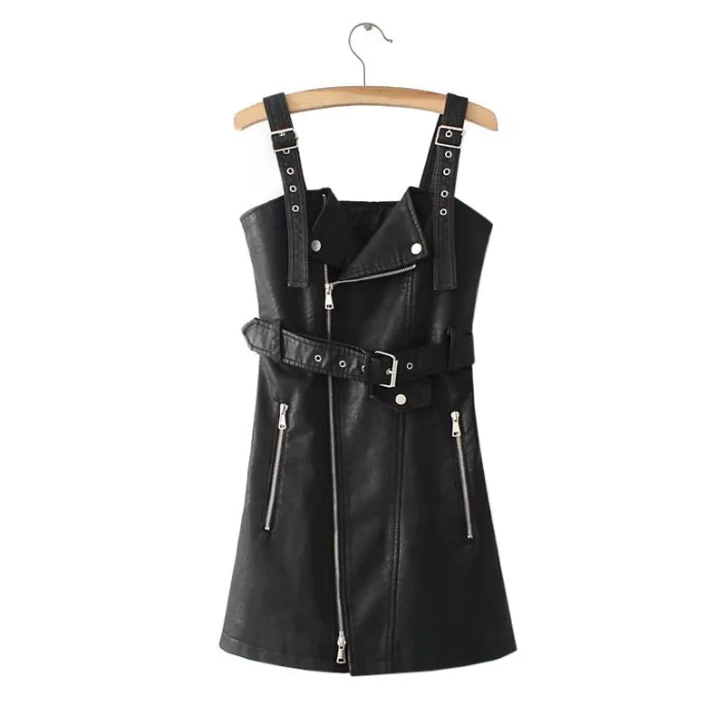 Chic Faux Leather Overall Jumper Skirt Dress