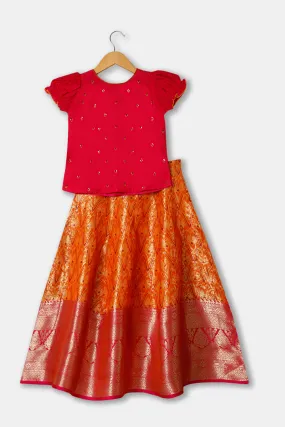 Chittythalli Girls Cotton Blend Ethnic Wear Pavadai Set with Round Neck and Puff Sleeves - Pink - PS36