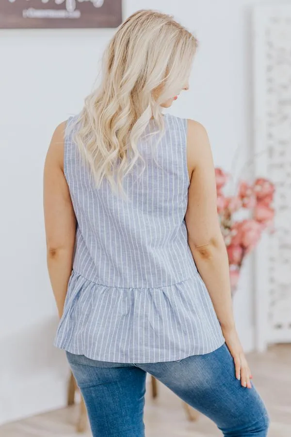 Embrace Uncertainty Striped Ruffle Hem Sleeveless Tank Top in Denim Blue