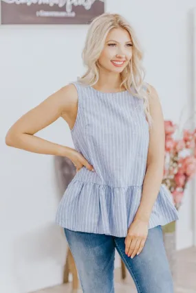 Embrace Uncertainty Striped Ruffle Hem Sleeveless Tank Top in Denim Blue