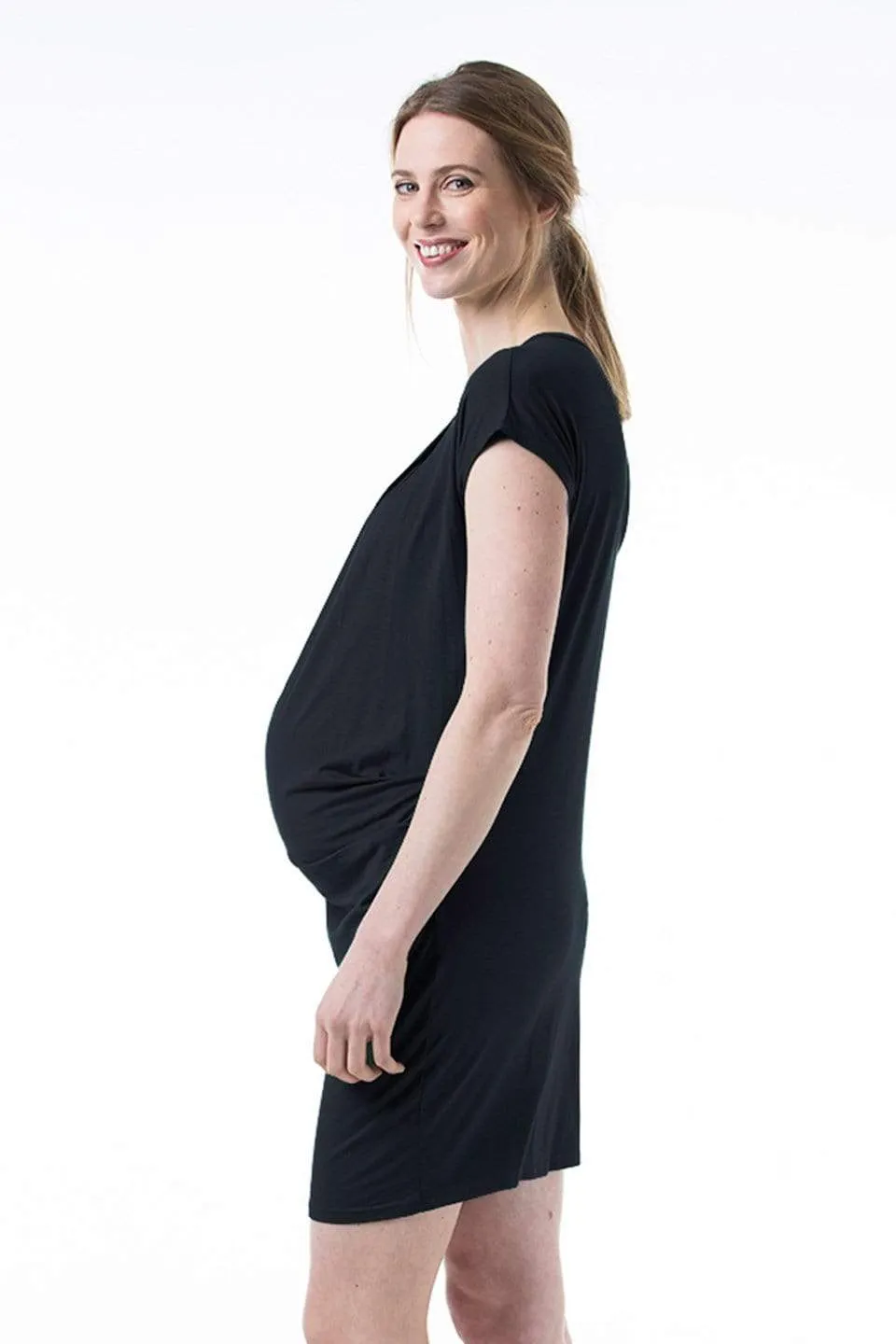 Kimono Sleeves Maternity Dress Bamboo Cotton With Pleats Black