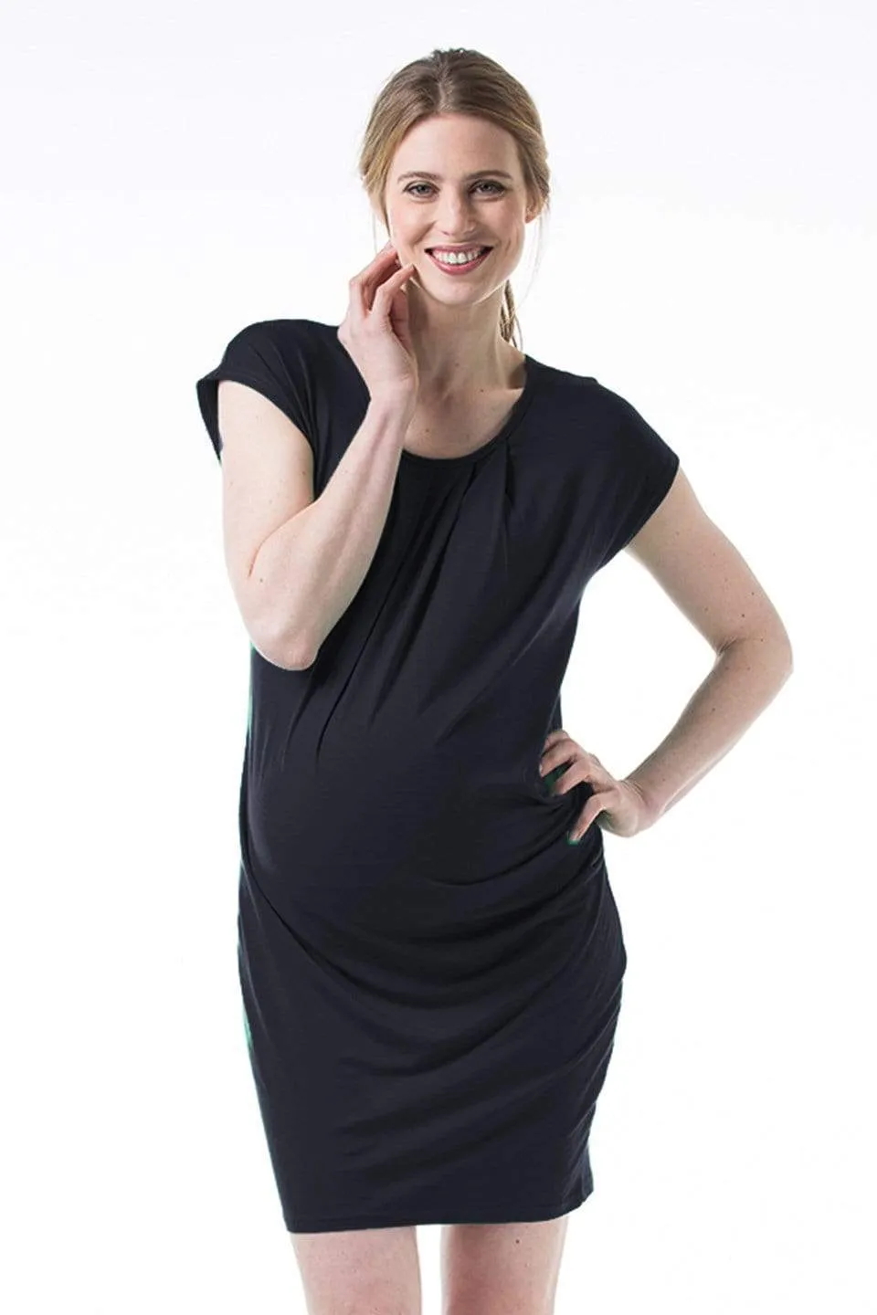 Kimono Sleeves Maternity Dress Bamboo Cotton With Pleats Black