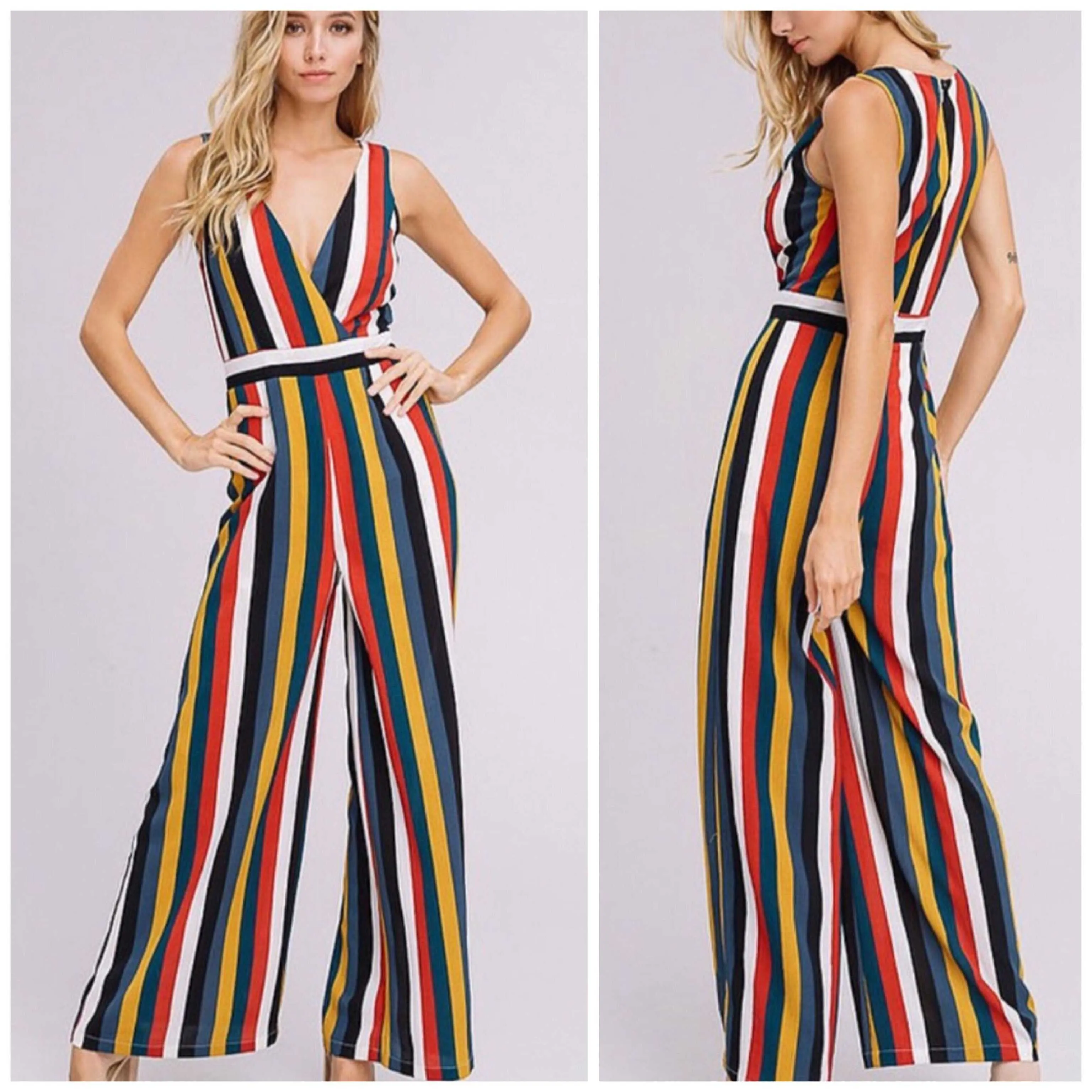 Multi Color Striped V-Neck Jumpsuit