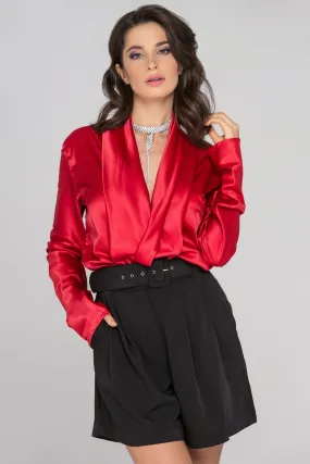 Red Sleeved Satin Front Drape Top