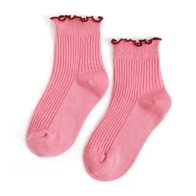 Ribbed Lettuce Trim Midi Socks - Pink/Burgundy