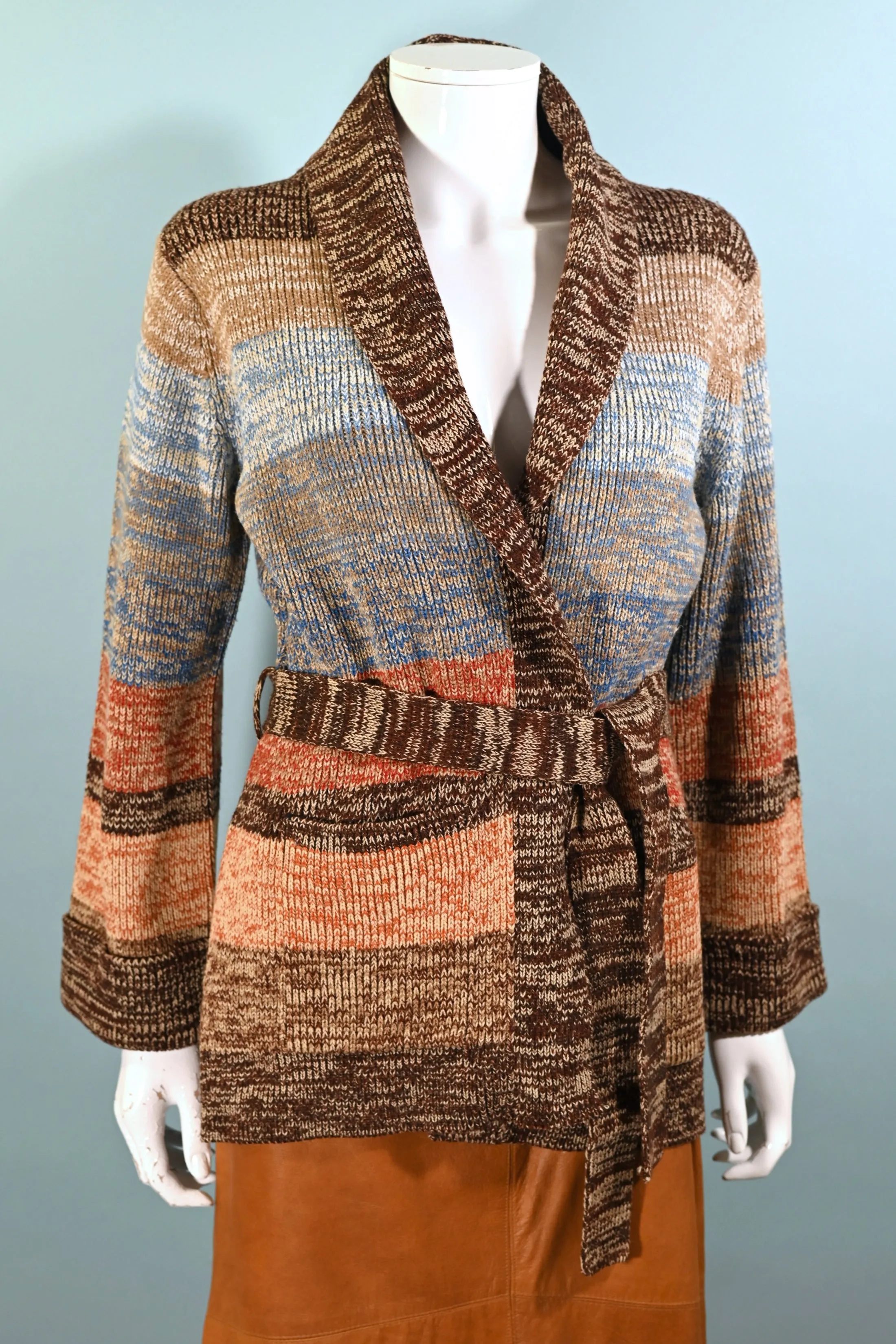 SOLD Vintage 70s Variegated Blue/Brown/Rust Wrap Cardigan Sweater   Belt S