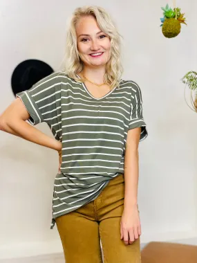 Terri Striped V Neck Tee - Olive