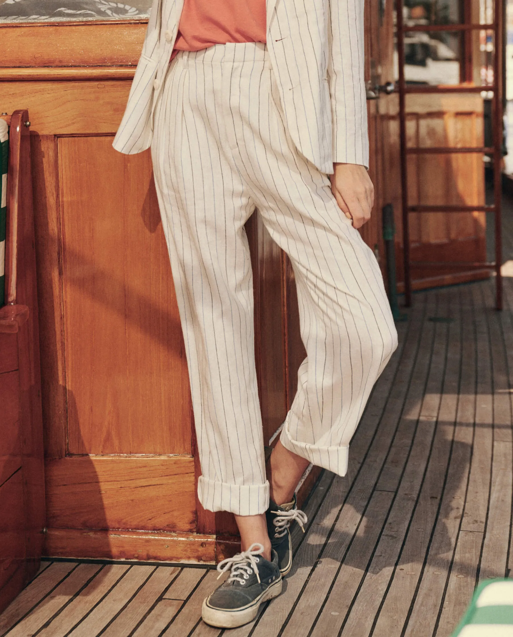 The Great Maker Trouser in Cream Pinstripe