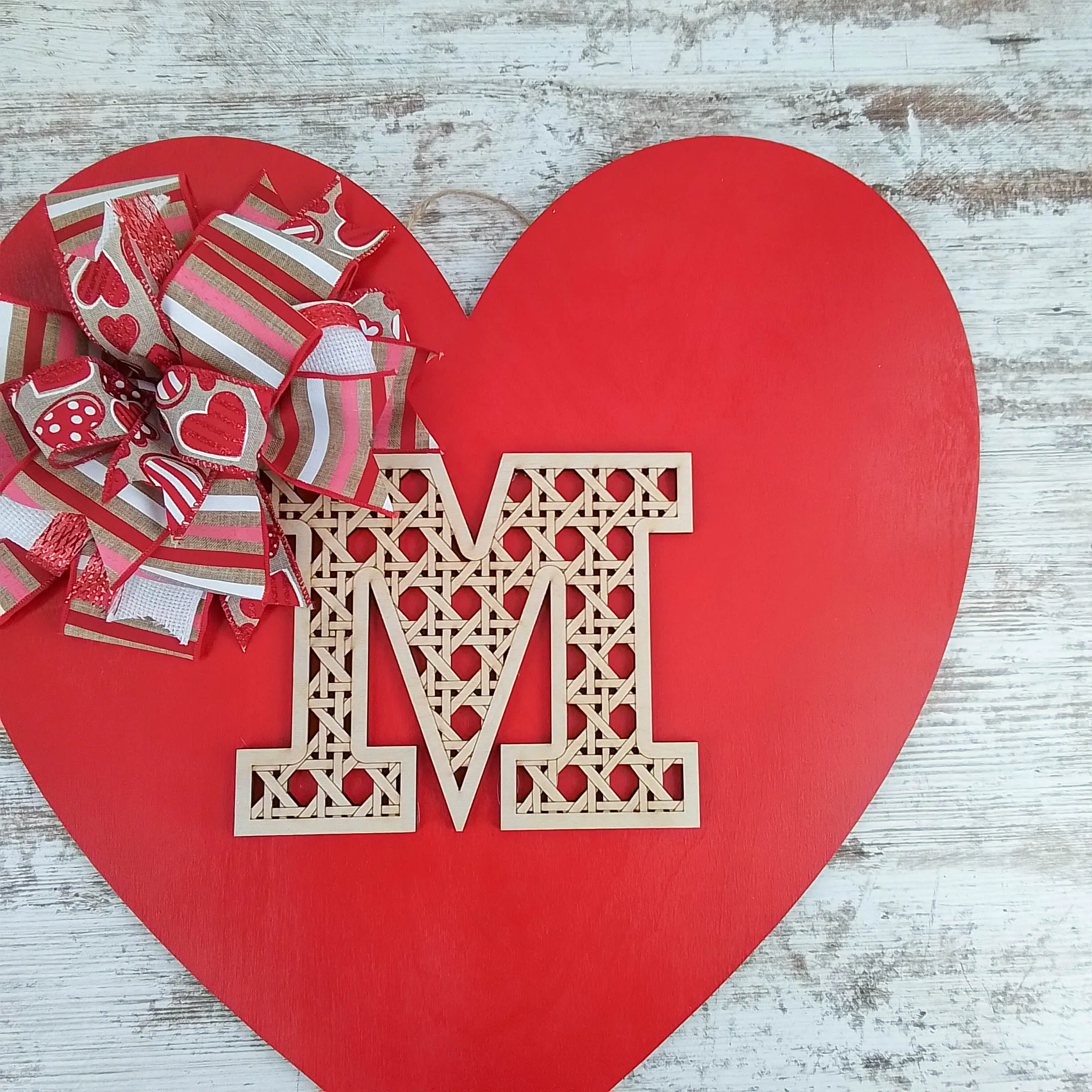 Valentine's Day Heart Door Hanger, Decorative Monogram M, Romantic Red Heart with Bow