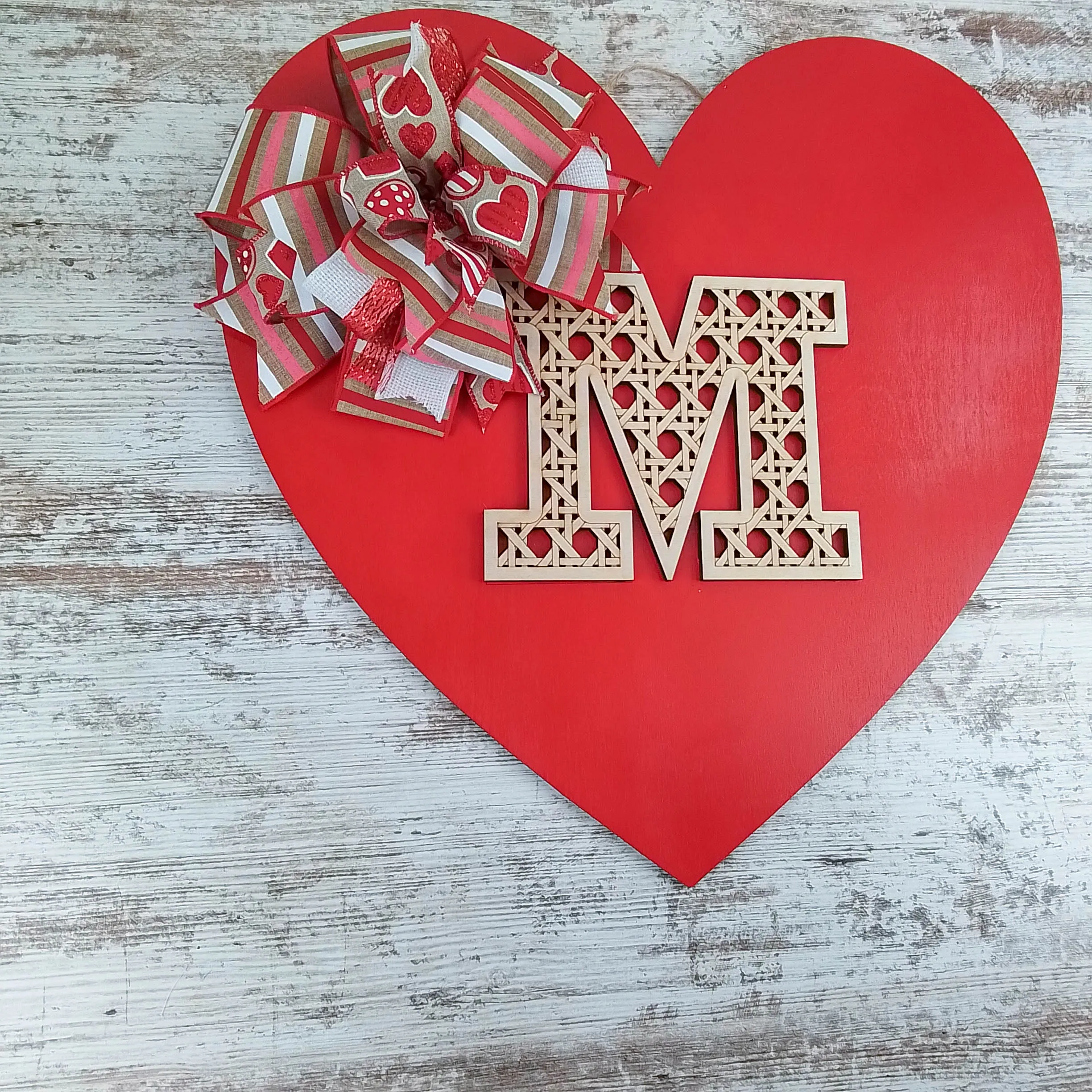 Valentine's Day Heart Door Hanger, Decorative Monogram M, Romantic Red Heart with Bow