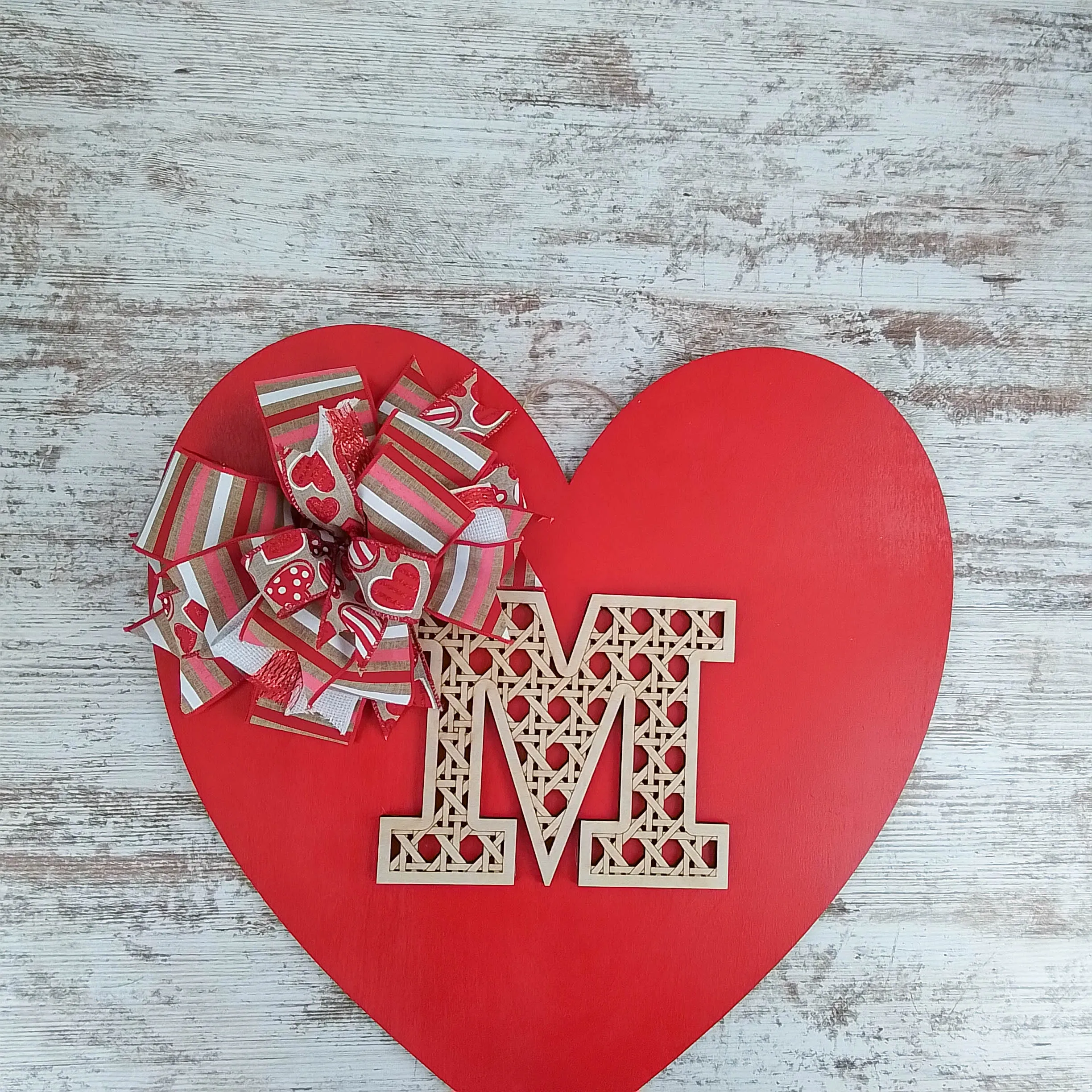 Valentine's Day Heart Door Hanger, Decorative Monogram M, Romantic Red Heart with Bow