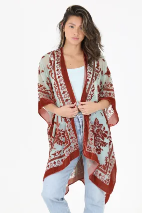 Velvet Kimono in Rust on Seafoam Green