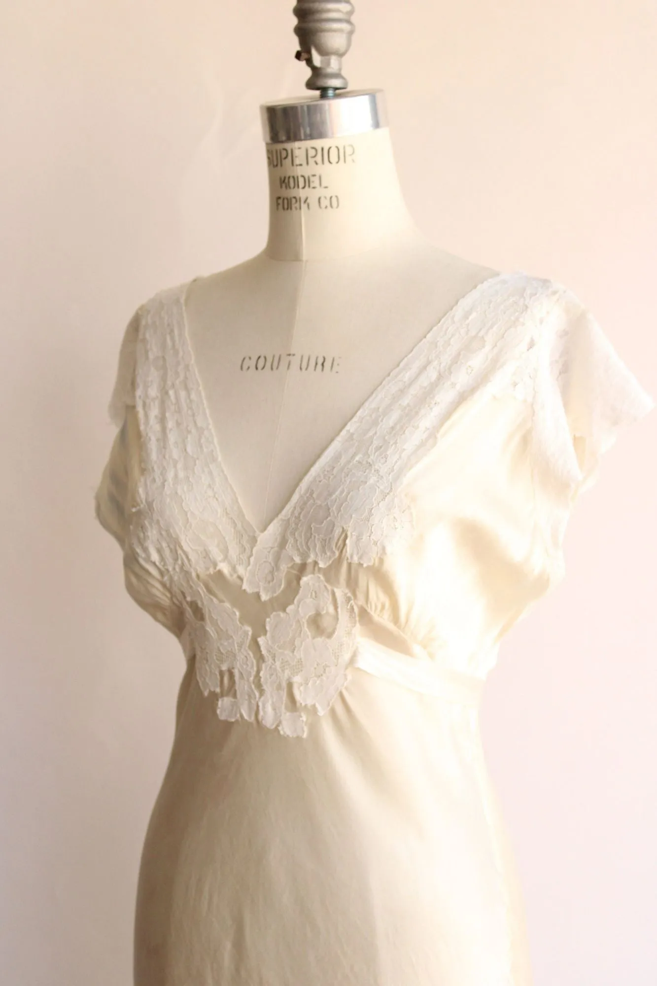 Vintage 1940s Ivory Silk Nightgown with Lace Trim