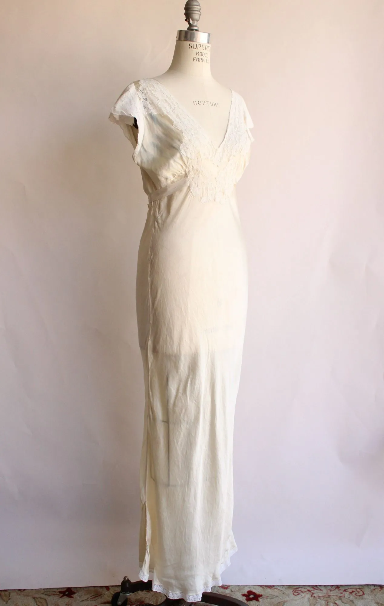 Vintage 1940s Ivory Silk Nightgown with Lace Trim