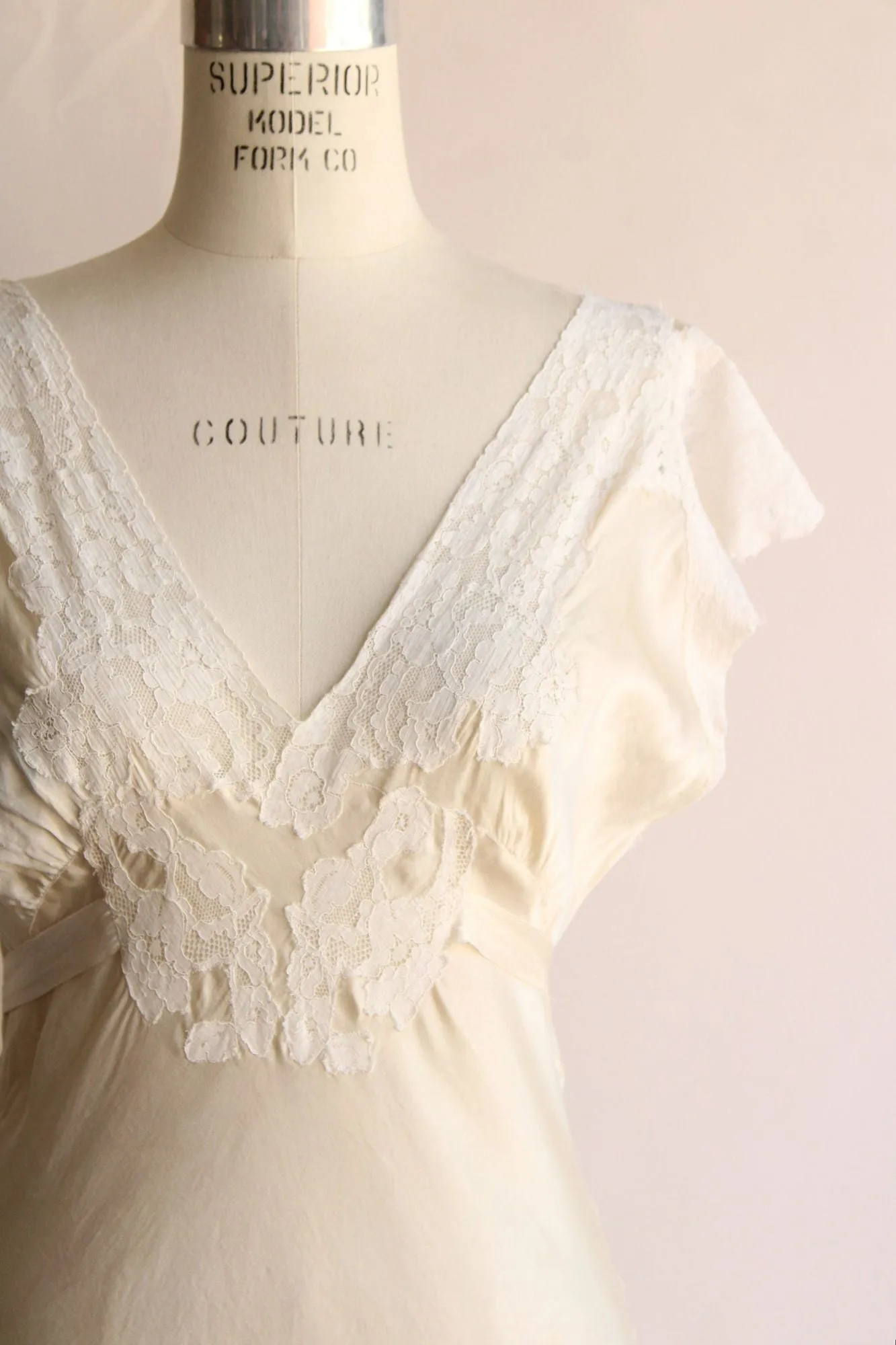 Vintage 1940s Ivory Silk Nightgown with Lace Trim