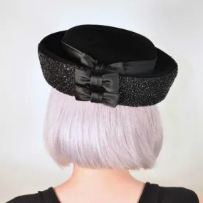 Vintage 60s Mod Black Velour Hat   Beads   Satin Bows by Jan Leslie/Miro