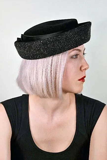 Vintage 60s Mod Black Velour Hat   Beads   Satin Bows by Jan Leslie/Miro