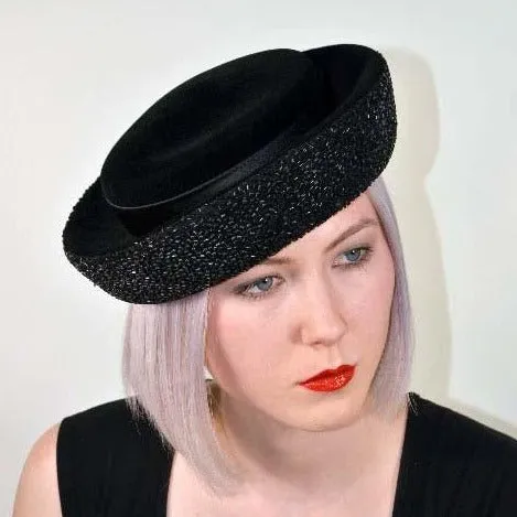 Vintage 60s Mod Black Velour Hat   Beads   Satin Bows by Jan Leslie/Miro